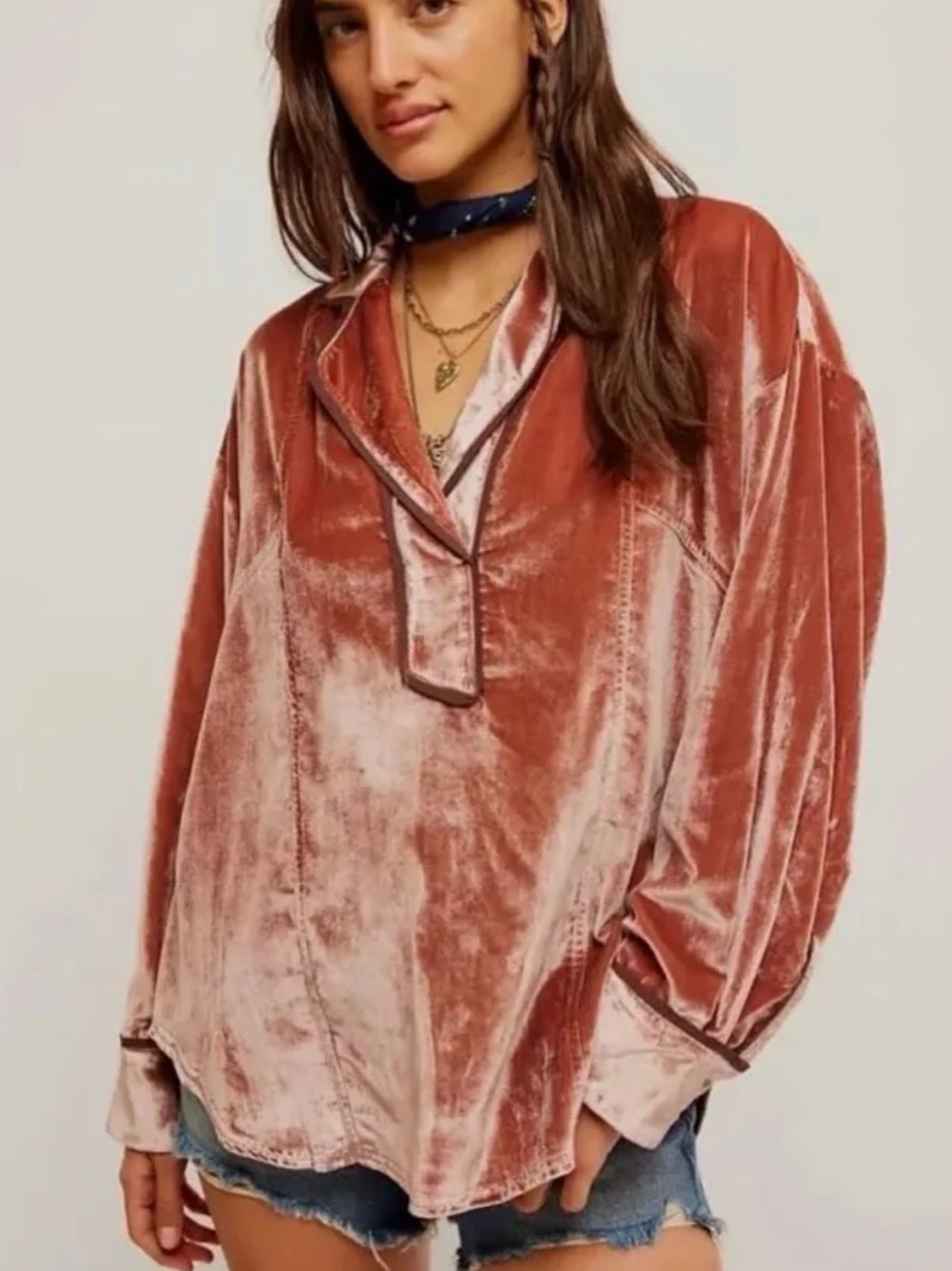 We The Free x Free People Luxy Solid Velvet Pullover Shirt in Cedar Wood Large